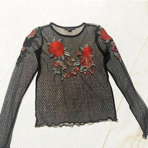 American Eagle Outfitters Black Mesh Top with Red Floral Embroidery